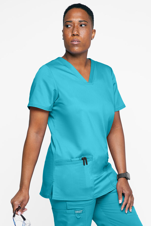 Cherokee Workwear Revolution Women's 3-Pocket STRETCH V-Neck Scrub Top - Turquoise - 2