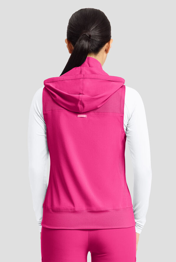 Med Couture Amp Women's 4-Pocket STRETCH Zip Front Removable Hoodie Scrub Vest - Pink Power - 6