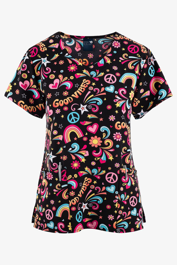 Zoe & Chloe Good Vibes Flowers and Rainbows Women's 2-Pocket STRETCH V-Neck Print Scrub Top - null - 1
