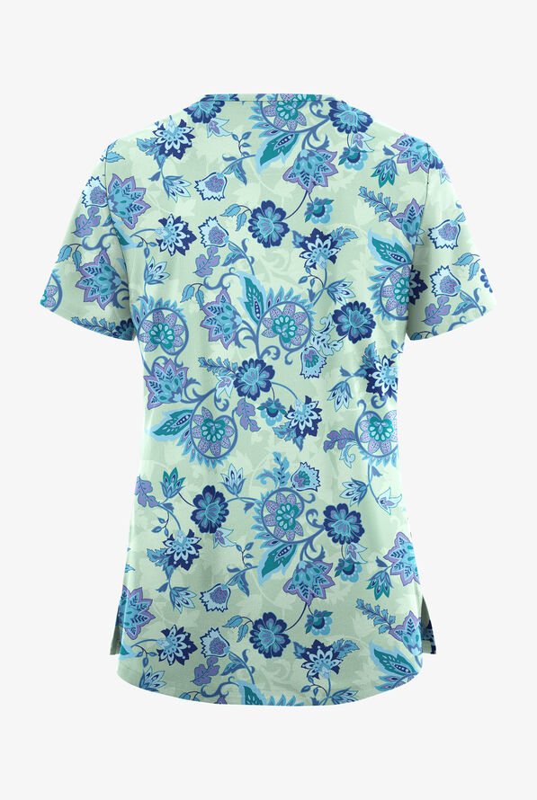 Blusa médica estampada UA Butter-Soft STRETCH Jacobean Spring Eucalyptus Leaf con cuello en V con ribete y 3 bolsillos para mujer - null - 2