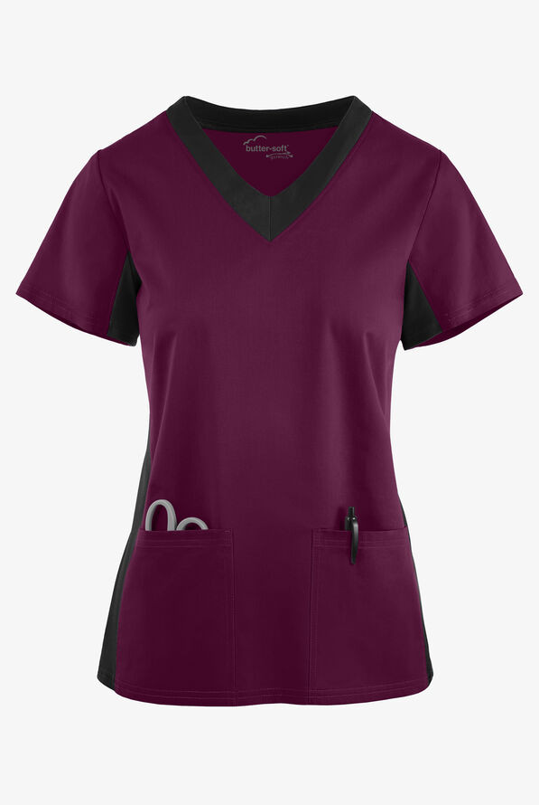 Butter-Soft STRETCH Women's 3-Pocket Contrast Scrub Top - Wine/Black - 1