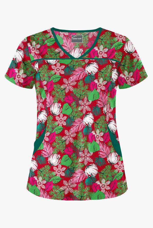 Butter-Soft Christmas Frost Red Women's 4-Pocket Princess Seam Print Scrub Top - null - 1