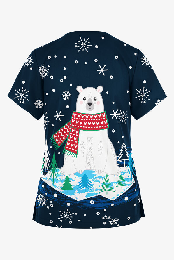 Blusa médica estampada Butter-Soft Originals Nordic Christmas Navy con cuello en V y 2 bolsillos para mujer - null - 2
