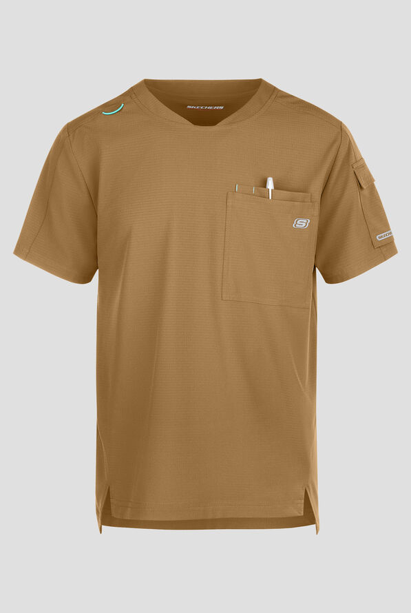 Skechers by Barco Ripstop Station Men's 3-Pocket STRETCH Notched Hem Round Neck Scrub Top - Duffle - 1
