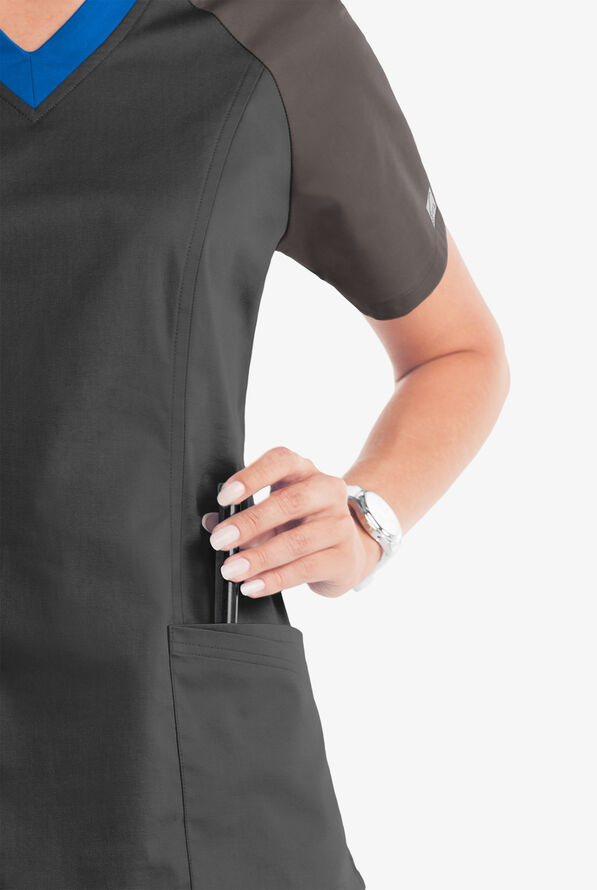 Butter-Soft STRETCH Women's 5-Pocket Active Color Block Scrub Top - Black/Cool Grey/Royal - 3