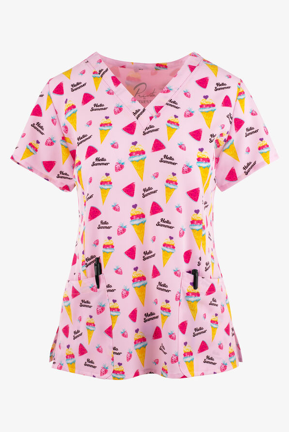 Maevn Hello Summer Ice Cream and Treats Women's 3-Pocket STRETCH V-Neck Print Scrub Top - null - 1