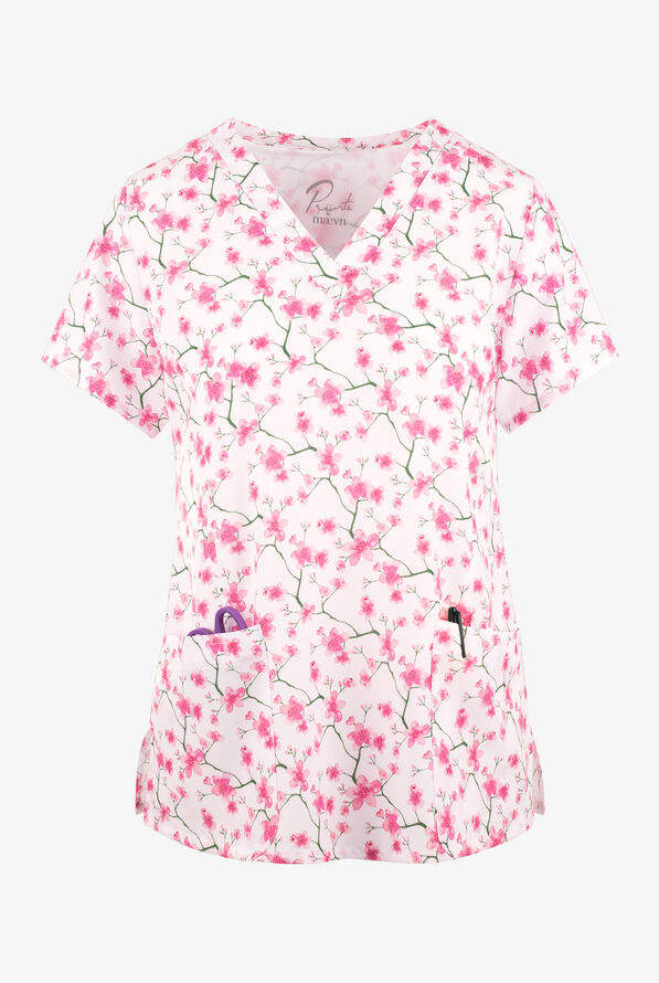 Maevn Wild Blossom Women's 3-Pocket STRETCH V-Neck Print Scrub Top - null - 1
