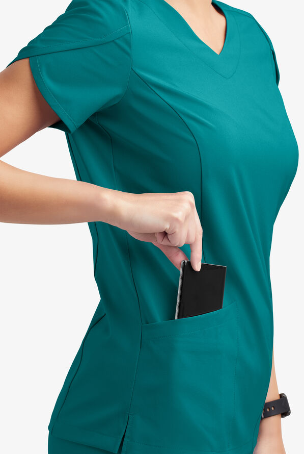 Easy STRETCH Daisy Women's 4-Pocket V-Neck Scrub Top with Petal Sleeves - Teal - 5