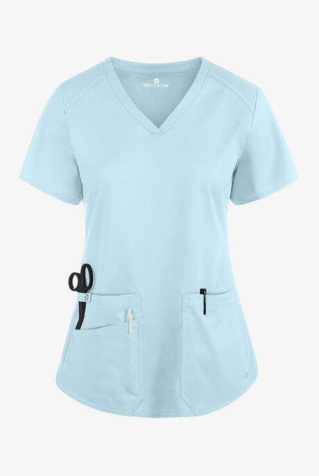Med Couture Touch Women's 3-Pocket STRETCH Rib-Knit Side Panels Shirttail V-Neck Scrub Top