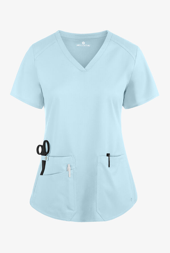 Med Couture Touch Women's 3-Pocket STRETCH Rib-Knit Side Panels Shirttail V- Neck Scrub Top - Periwinkle - 1