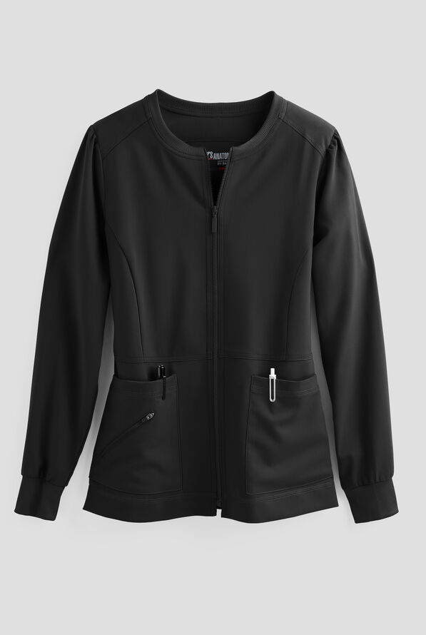 Grey's Anatomy by Barco Spandex STRETCH Millie Women's 3-Pocket Zip Front Warm Up Scrub Jacket - Black - 1