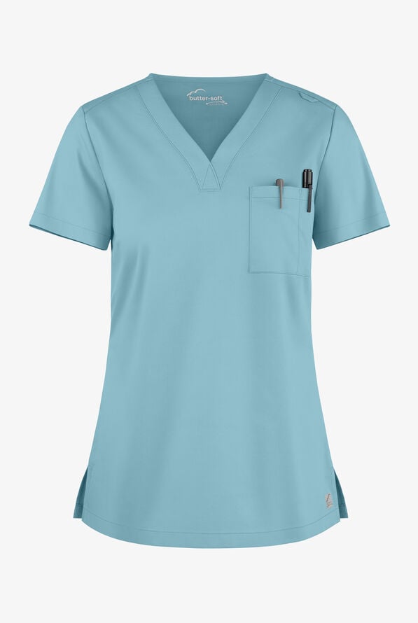 Butter-Soft STRETCH Women's 2-Pocket V-Neck Tuck-In Scrub Top - Dew Drop - 1