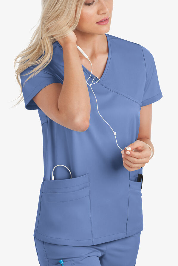 Lauderdale by UA Solar Women's 4-Pocket V-Neck Mock Wrap STRETCH Scrub Top - Ceil Blue - 4