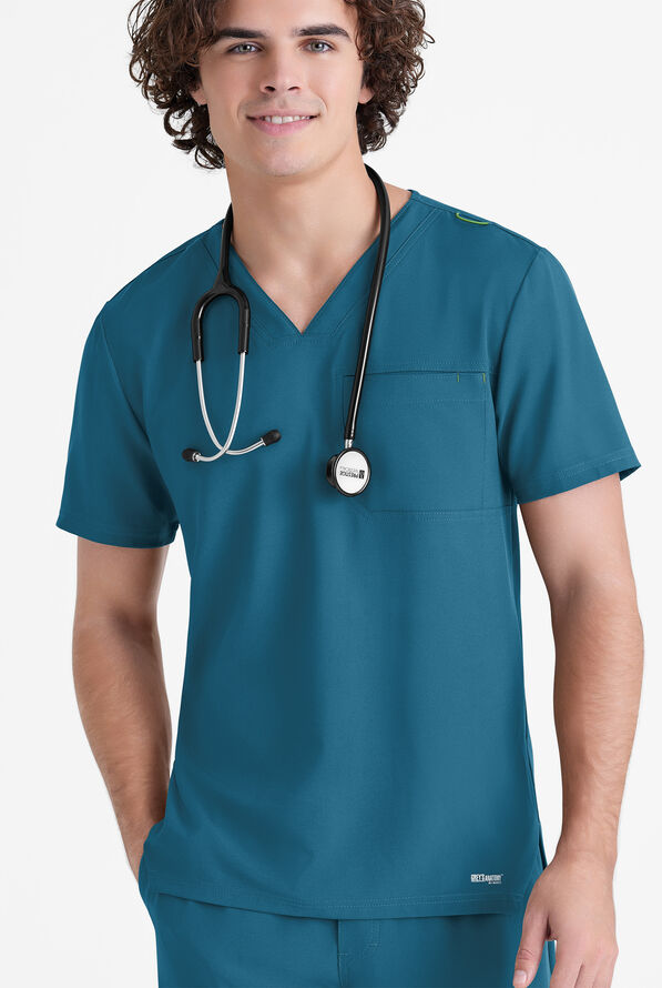 Grey's Anatomy by Barco Evolve STRETCH Journey Men's 1-Pocket Tuck In V-Neck Scrub Top - Bahama Blue - 2