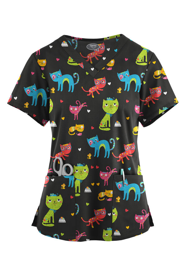 Blusa médica estampada Happy Scrubs Friendship con cuello en V redondeado y 4 bolsillos para mujer - null - 1