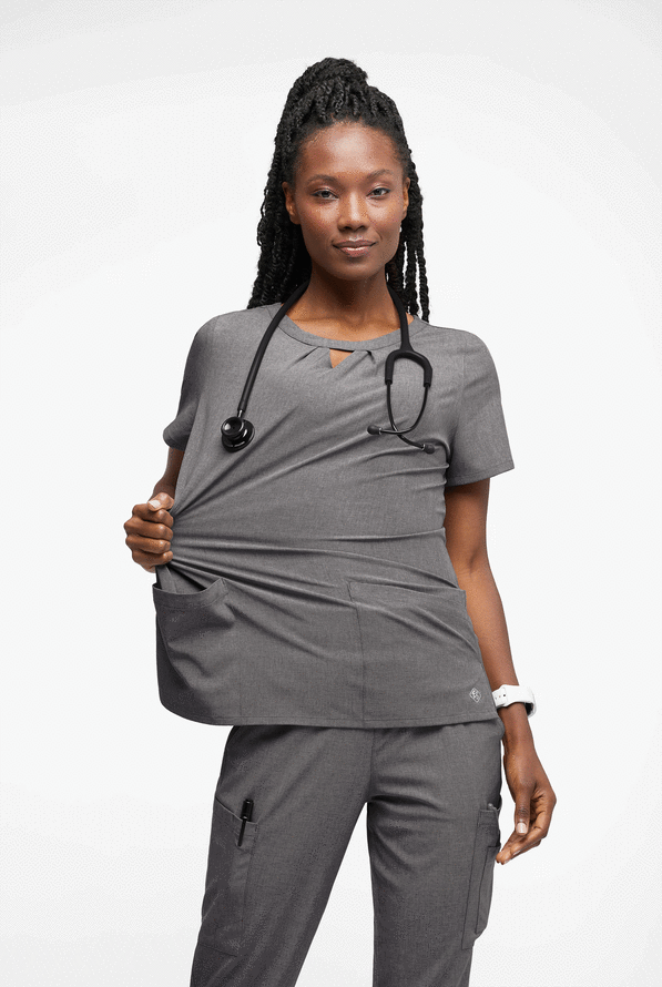 Easy STRETCH Salma Women’s 3-Pocket Keyhole Neck Scrub Top - Graphite Heather - 4
