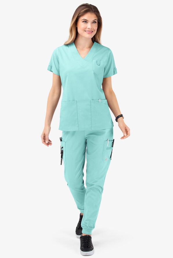 Butter-Soft STRETCH Women's 6-Pocket V-Neck Scrub Top - Aqua Moon - 2