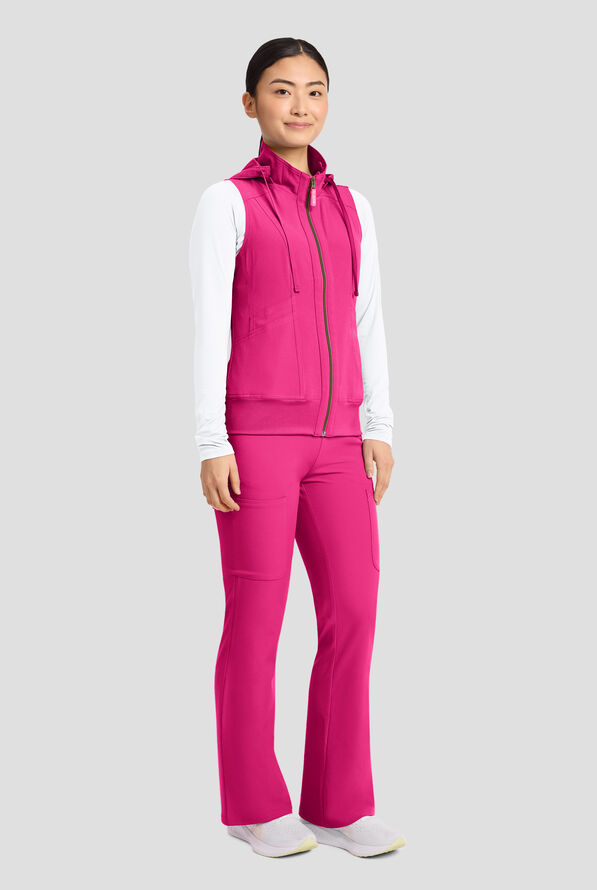 Med Couture Amp Women's 4-Pocket STRETCH Zip Front Removable Hoodie Scrub Vest - Pink Power - 7