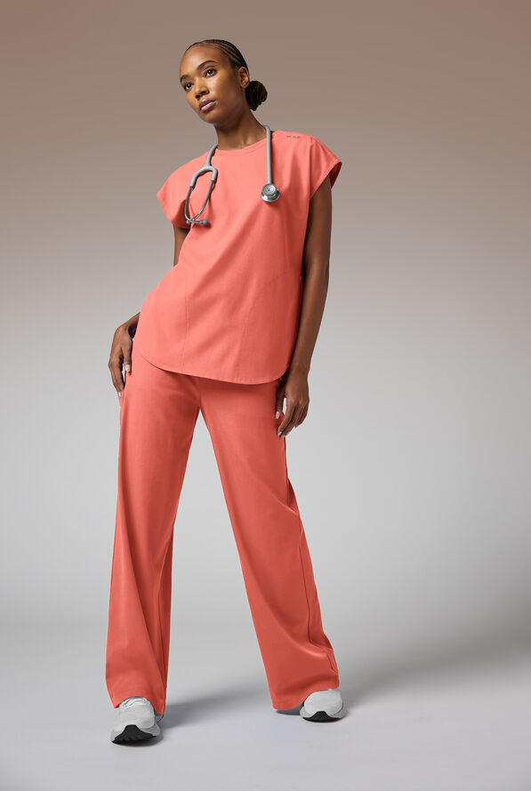 Hypothesis Edge Crew Women's 2-Pocket Relaxed Crew Neck Dolman Sleeve Scrub Top - Thermal Coral - 2