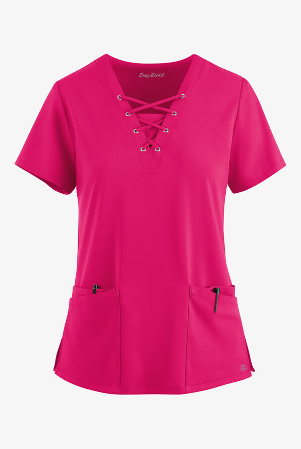 Easy STRETCH Gisele Women's 4-Pocket Lace Up V-Neck Scrub Top - Flirt - 1
