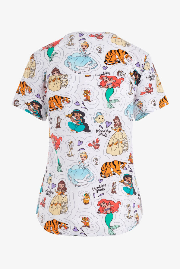 Tooniforms Friendship Goals Disney Princesses Women's 2-Pocket STRETCH V-Neck Print Scrub Top - null - 2