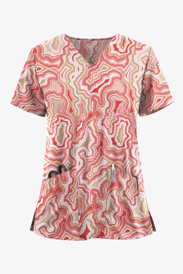 Easy STRETCH Crystal Agate Spiced Coral Women's 2-Pocket V-Neck Print Scrub Top - null - 1