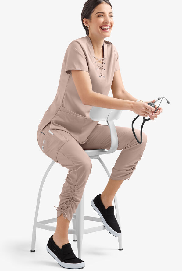 Easy STRETCH Halle Women's 11-Pocket Ruched Leg Jogger Scrub Pants - Mocha Meringue - 4