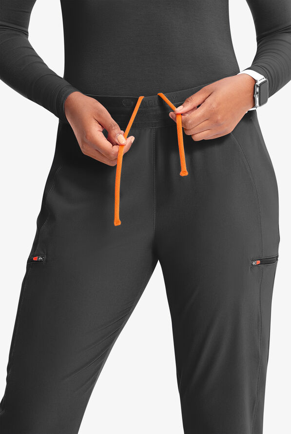 Infinity GNR8 Women's 4-Pocket STRETCH Rib-Knit Internal Drawstring Cargo Jogger Scrub Pants - Black/Vivid Orange - 3
