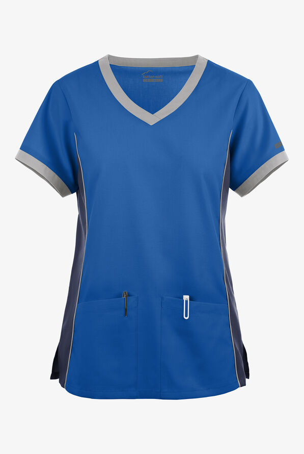 Blusa m&eacute;dica Butter-Soft Originals Tri-Colorblock con cuello en V y 4 bolsillos para mujer - Royal/Navy/Silver - 1