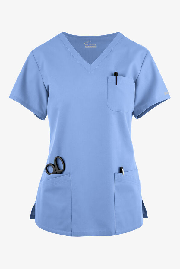 Blusa médica Butter-Soft Originals con cuello en V curvo y 7 bolsillos para mujer - Ceil Blue - 1