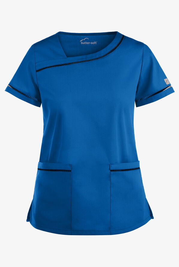 Butter-Soft Core Women's 2-Pocket Ladder Lace Scrub Top - Royal/Black - 1