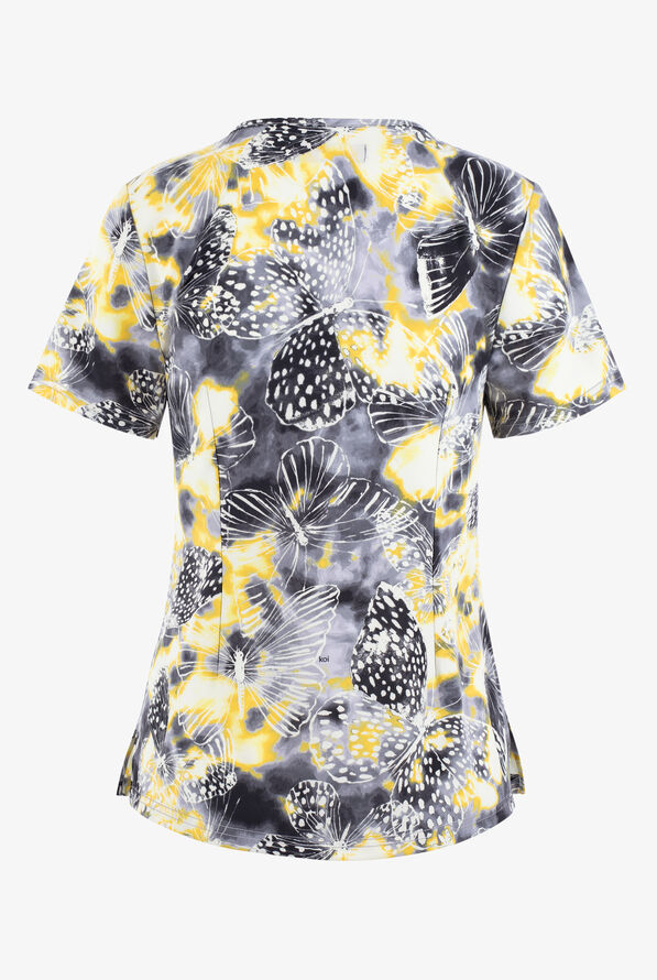 koi Lite Sunny Tie Dye Butterfly Women's 2-Pocket STRETCH Asymmetric Keyhole Print Scrub Top - null - 2