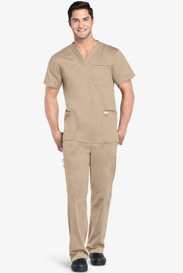 Cherokee Workwear Revolution Men's 3-Pocket STRETCH V-Neck Scrub Top - Khaki - 2