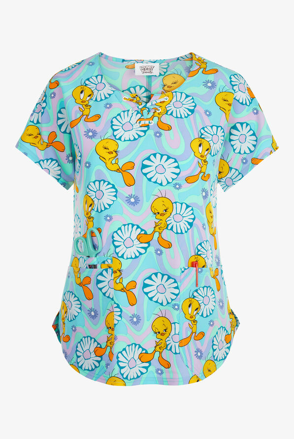 Tooniforms Groovy Tweety Bird Women's 2-Pocket STRETCH V-Neck Print Scrub Top - null - 1