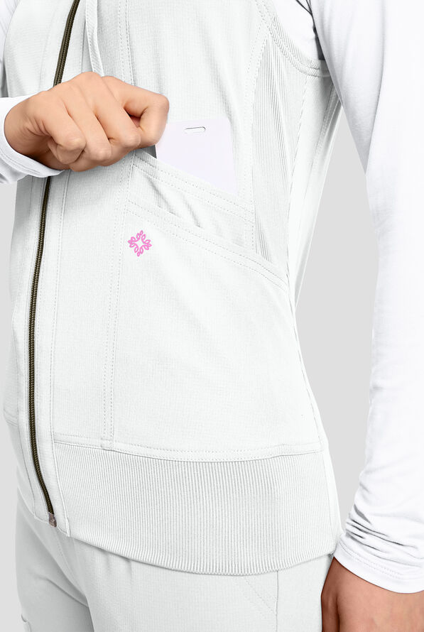 Med Couture Amp Women's 4-Pocket STRETCH Zip Front Removable Hoodie Scrub Vest - White - 3