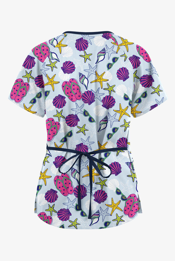 Butter-Soft Originals Walk On The Beach Dew Women's 3-Pocket Mock Wrap with Ties Print Scrub Top - null - 2
