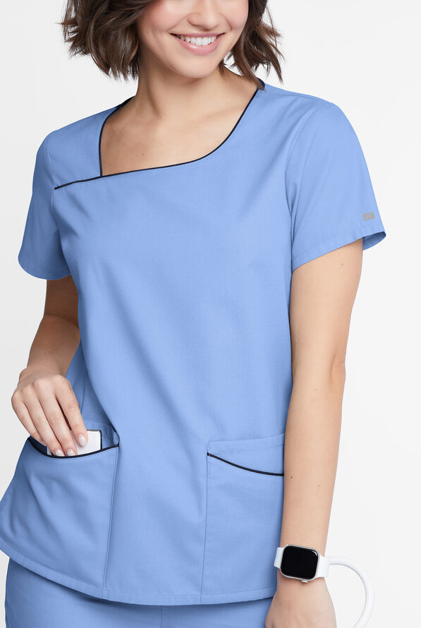 Butter-Soft Originals Women's 4-Pocket Asymmetrical Neck Scrub Top - Ceil/Navy - 4
