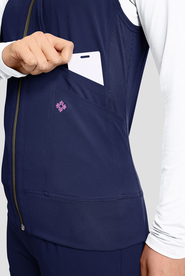 Med Couture Amp Women's 4-Pocket STRETCH Zip Front Removable Hoodie Scrub Vest - Navy - 3