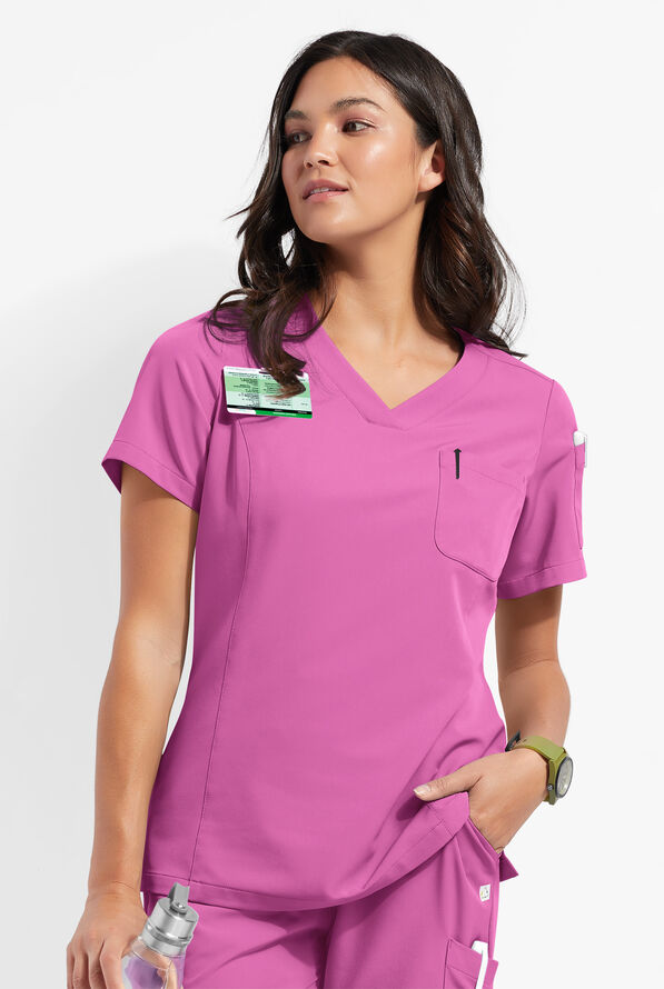 ReSurge Diamond Women's 3-Pocket V-Neck Tuck In / Wear Out Scrub Top - Magnesium Pink - 1