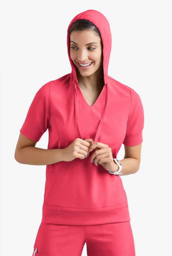 Easy STRETCH True Women's 3-Pocket Short Sleeve Pull-Over Scrub Hoodie - Bright Watermelon - 3