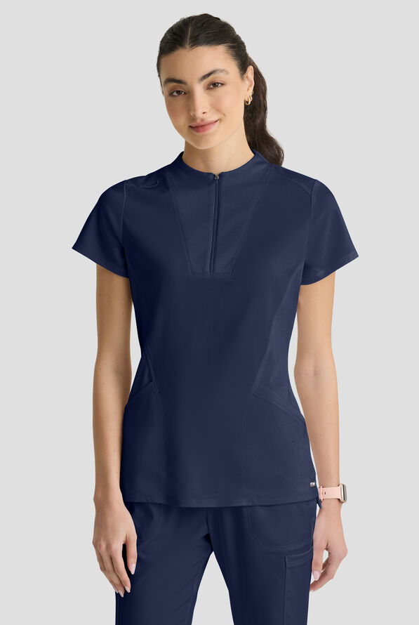 Grey's Anatomy&trade; by Barco Spandex STRETCH Kristi Women's 2-Pocket Quarter Zip Collar Neck Scrub Top - Indigo - 2