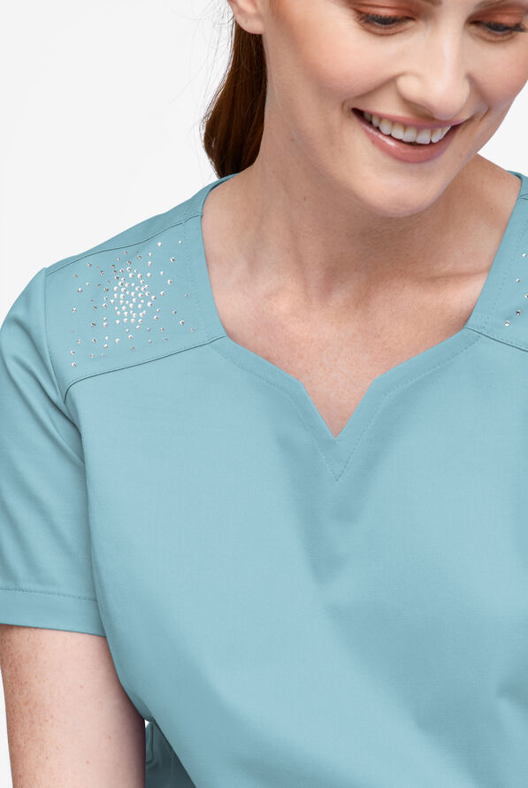 Butter-Soft STRETCH Women's 6-Pocket Crystal Bling Scrub Top - Dew Drop - 4
