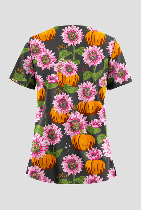 Butter-Soft STRETCH Sunflower Harvest Pewter Women's 2-Pocket V-Neck Print Scrub Top - null - 2