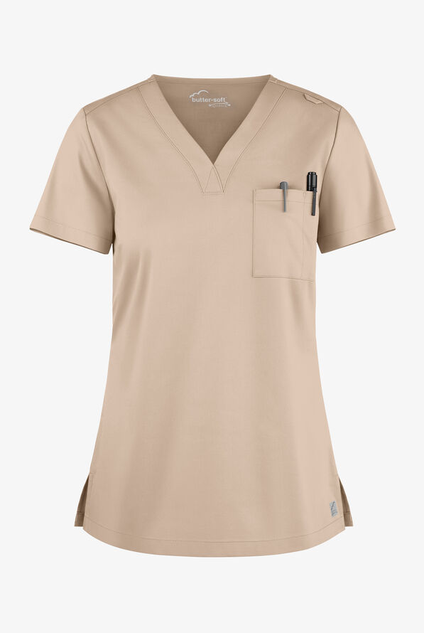 Blusa m&eacute;dica Butter-Soft STRETCH con cuello en V y 2 bolsillos para mujer - Iced Latte - 1