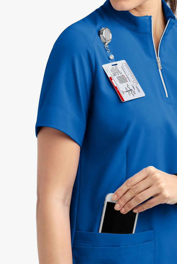 Easy STRETCH Jen Women's 4-Pocket Zip-Neck Short Sleeve Scrub Top - Royal - 6