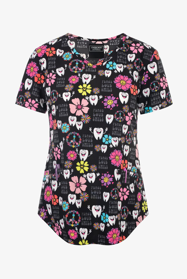Blusa médica estampada Cherokee Peace, Love, Smile Dental STRETCH con cuello en V y 2 bolsillos para mujer - null - 1