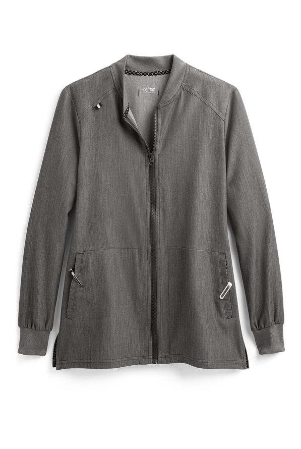 koi Next Gen Always in Motion Women's 2-Pocket STRETCH Contemporary Fit Scrub Jacket - Heather Grey - 1