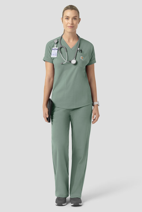 Carhartt Force&reg; Cross-Flex Knits Women's 6-Pocket STRETCH Boot Cut Scrub Pants - Green Slate - 4