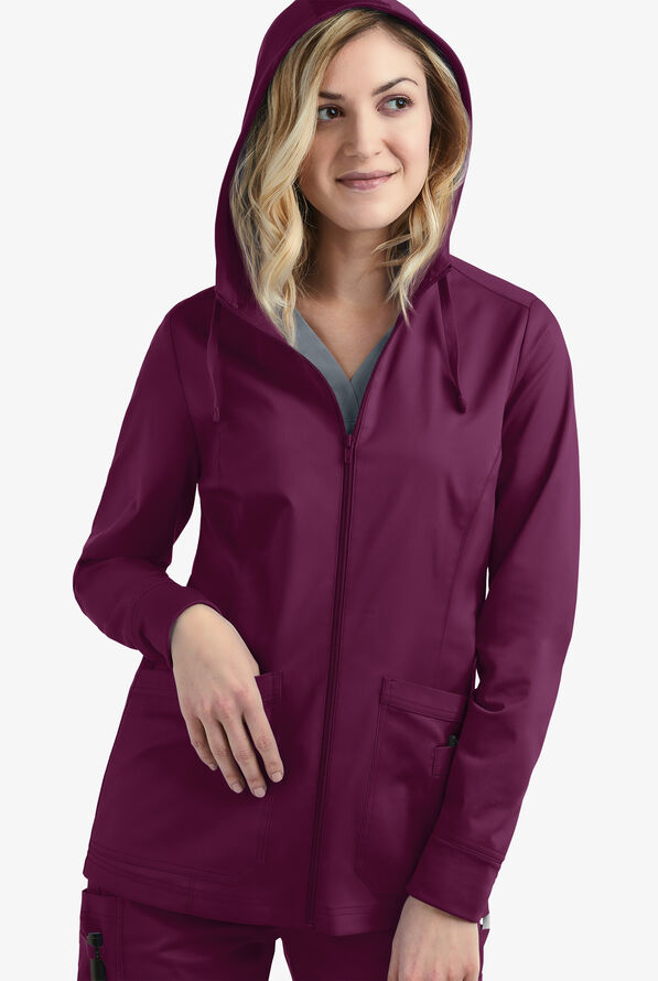 Butter-Soft STRETCH Women's 3-Pocket Zip-Front with Cozy Knit Hood and Trim Scrub Jacket - Wine - 3