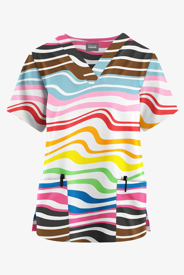 Butter-Soft Originals Wavy Stripe Women's 2-Pocket Classic Fit V-Neck Print Scrub Top - null - 1